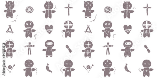 Hand drawn Halloween voodoo doll, vector seamless background