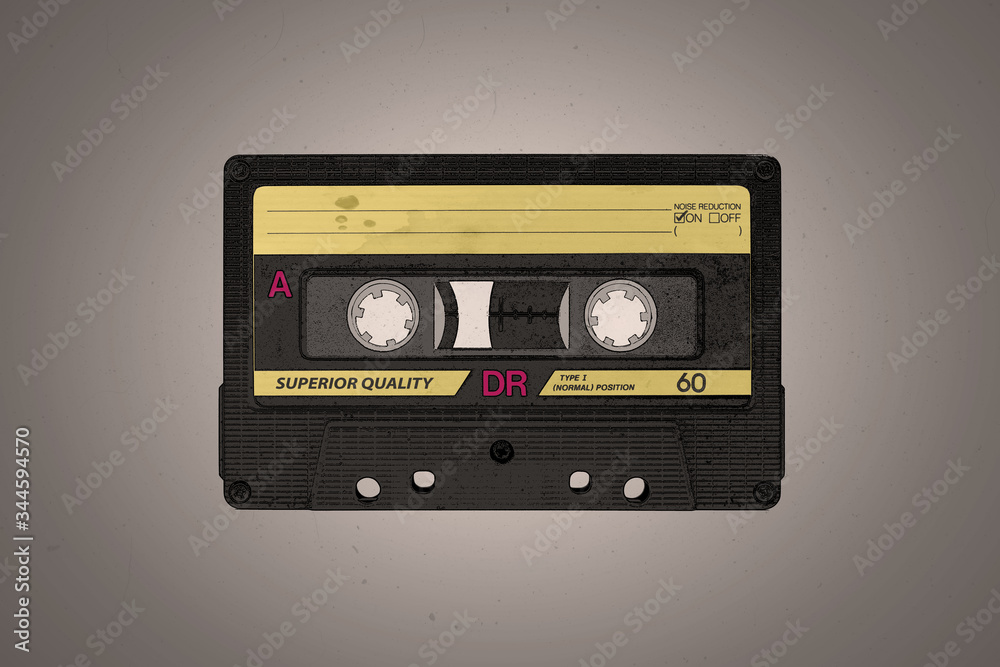 Fototapeta premium A retro blank black and yellow aged audio cassette illustration background with copy space