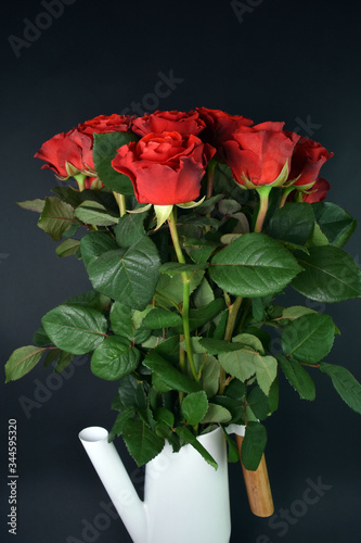 Bouquet of red roses in a vase isolated on dark background. Happy mothers day, women's day, wedding and valentines day. Greeting card.