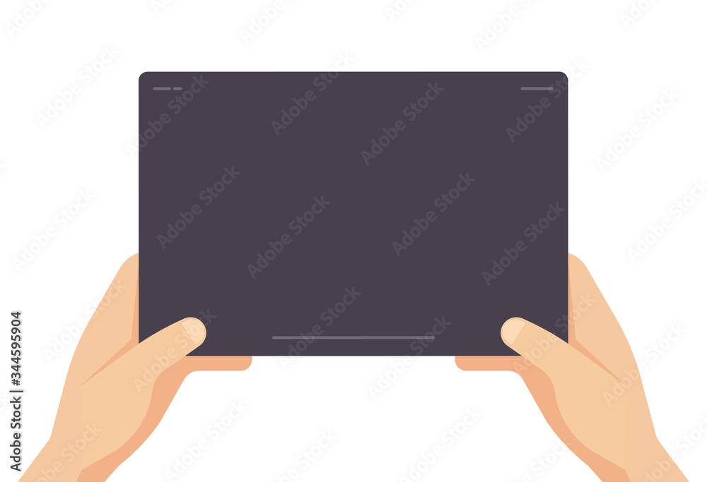 Digital tablet computer blank empty screen in human hand vector or person holding portable pc screen for copy space text and presentation flat cartoon illustration isolated on white background image Digital tablet computer blank empty screen in human hand vector or person holding portable pc screen for copy space text and presentation flat cartoon illustration isolated on white background image