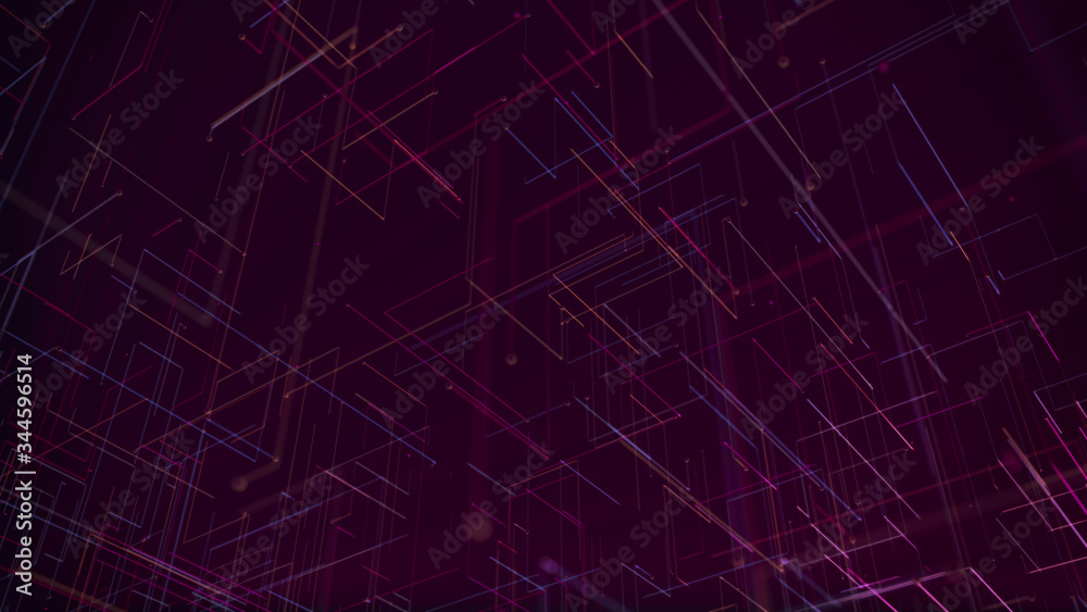 Network technology concept abstrack background. Red and magenta Square lines in a dark background.
