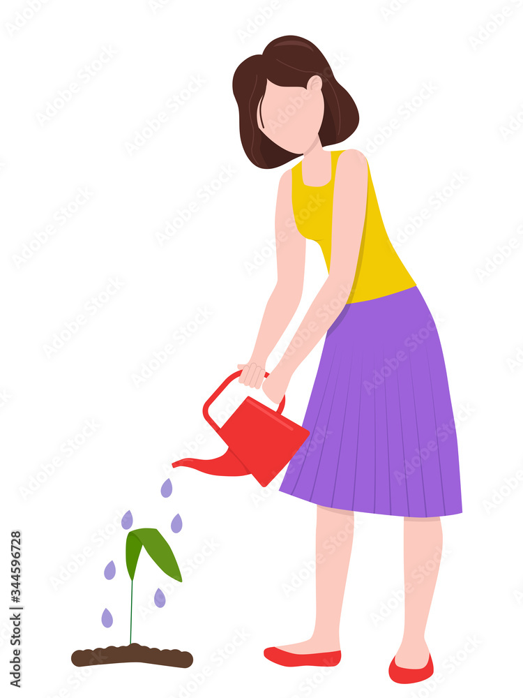 Flat vector illustration: woman watering a flower. Flat vector illustration: woman watering a flower.