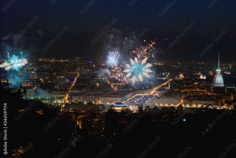 Panoramic view of Turin with fireworks at the feast of San Giovanni