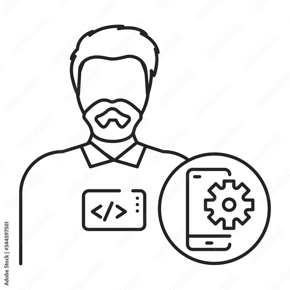 Mobile app developer black line icon. The software engineer is engaged in testing and programming applications. Icon for web page, mobile app, promo. UI UX GUI design element. Editable stroke