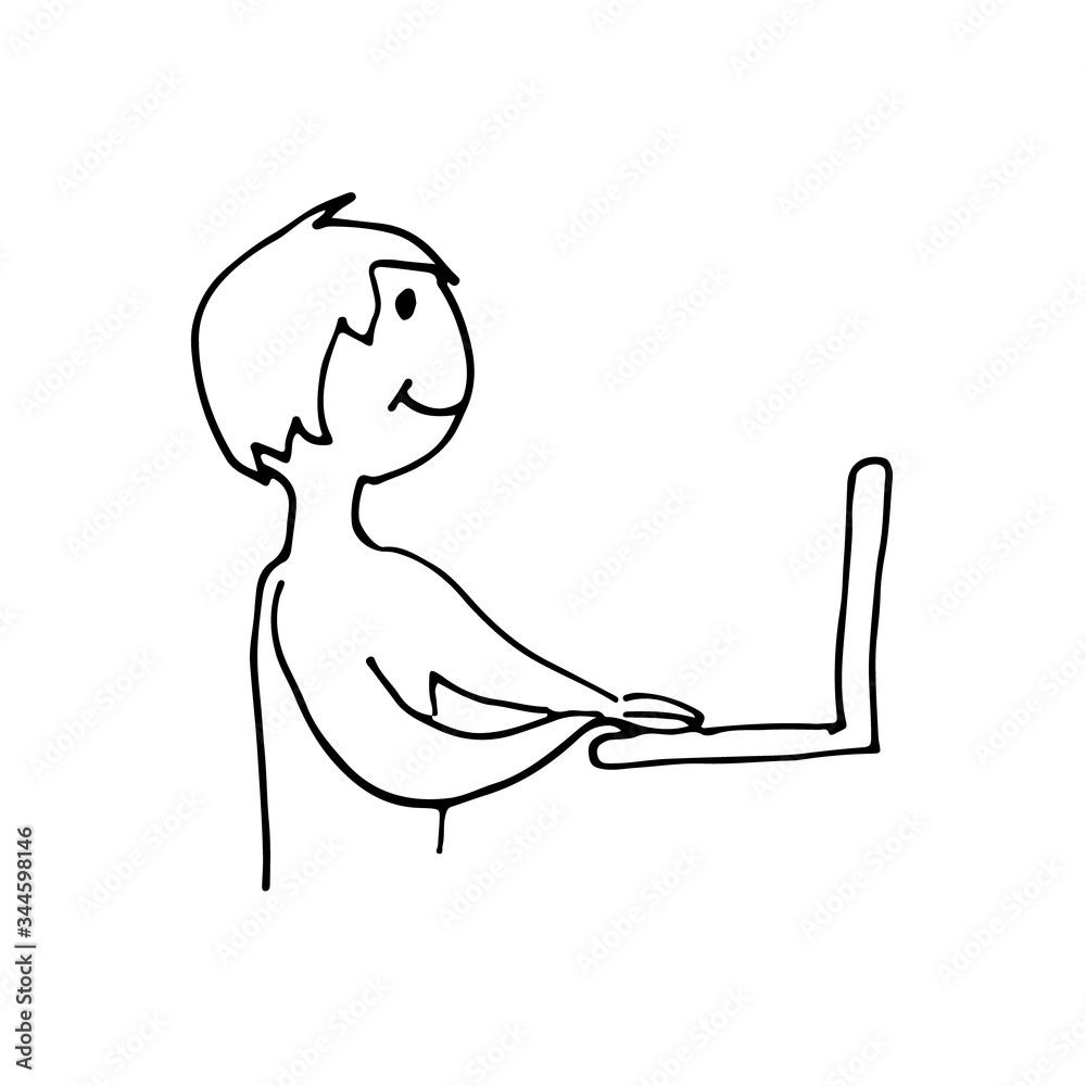 Man is working on personal computer. Simple vector illustration in cartoon doodle style. Concept of distant working, education, online shopping, communication, messengers using, frelancers. Man is working on personal computer. Simple vector illustration in cartoon doodle style. Concept of distant working, education, online shopping, communication, messengers using, frelancers.