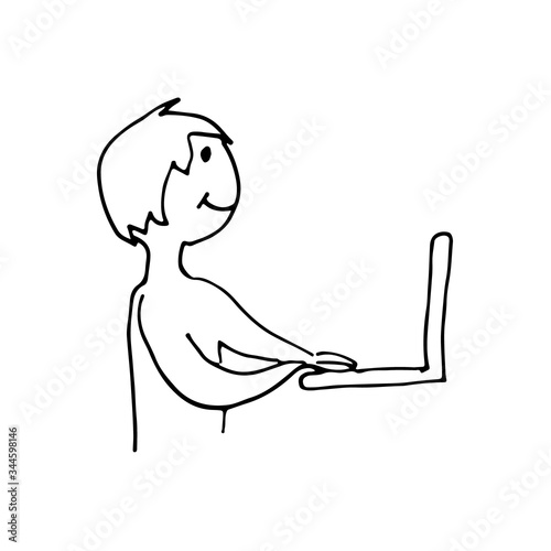 Man is working on personal computer. Simple vector illustration in cartoon doodle style. Concept of distant working, education, online shopping, communication, messengers using, frelancers.