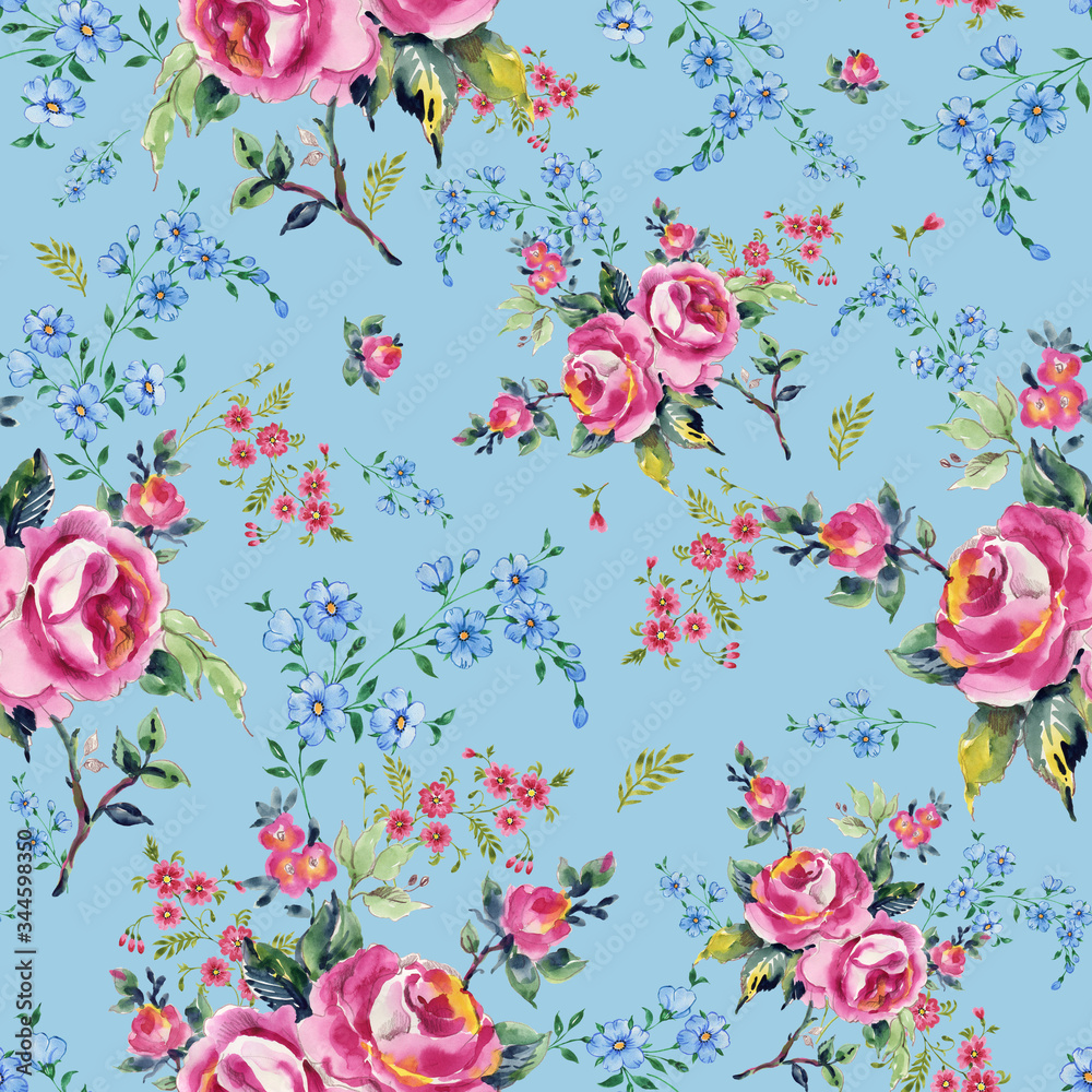 Bright seamless pattern flowers drawn on paper paintsStylish print for textile design and decoration.