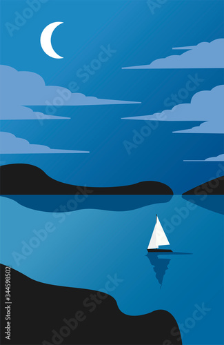 Creative concept vector illustration sailing boat yacht at the sea with mountains and sky in the nighttime.