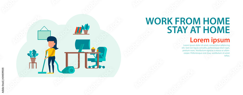 banner of cartoon version of working home and stay home with flat design banner of cartoon version of working home and stay home with flat design