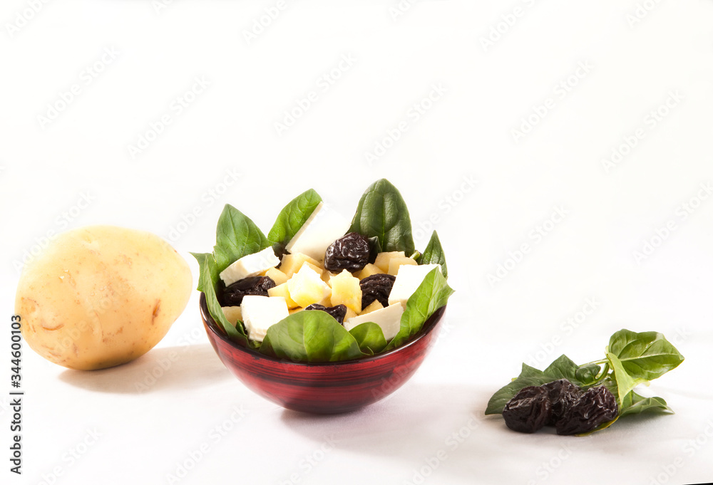 Portion of healthy and balanced food on white background, fruits and vegetables. Portion of healthy and balanced food on white background, fruits and vegetables.