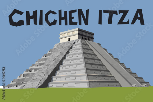 Detailed and naturalistic vector graphic of the Chichen Itza Pyramid on the Yucatan Peninsula, Mexico, Central America