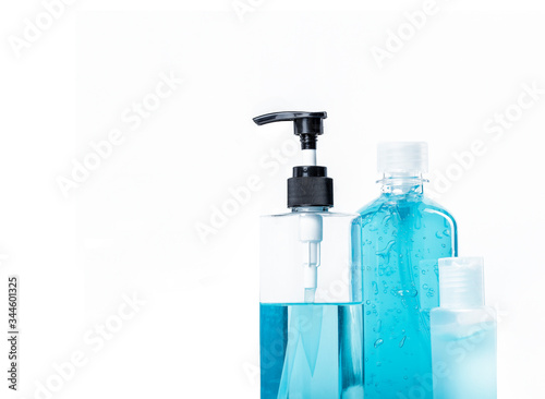 Close up Antiseptic hand gel isolated on white background.Alcohol gel to make cleaning and clear germ.