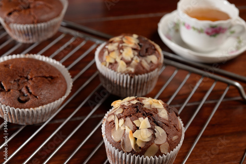 Chocolate Muffins Cup of tea Cooling rack 