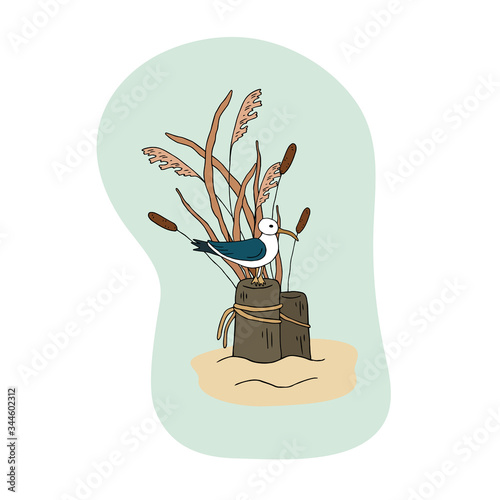 Vector illustration with the image of seagulls on a tree, reeds, sand, on a blue background. Design for printing on a card, invitation, poster, dishes, decorative pillows, clothes