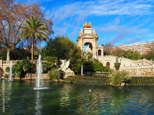 Panoramic view of the fountain in Parc de la Ciutadella, in Barcelona, Spain