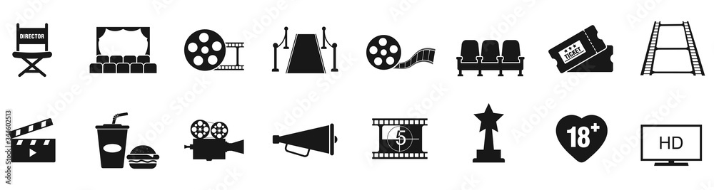 Cinema icons set vector illustration. Contains such icon as film, movie, tv, video and more.  - obrazy, fototapety, plakaty 