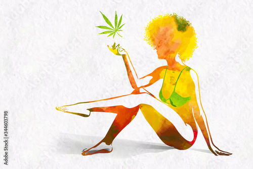 Woman's silhouette with afro hairstyle holding marijhuana leaf in her hand. Watercolor styled