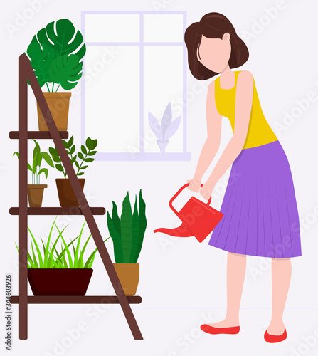Flat vector illustration: woman watering flowers. Flowers on a whatnot.