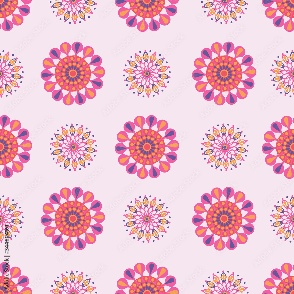 Vibrant geometric floral blooms, stars, flowers. Pattern for fabric, backgrounds, wrapping, textile, wallpaper, apparel. Vector illustration.