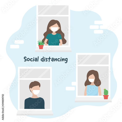 People wearing face mask to protect against Coronavirus pandemic or Covid-19. Stay home stay safe, social distancing campaign to control the spread of the virus. Illustration design in flat style.