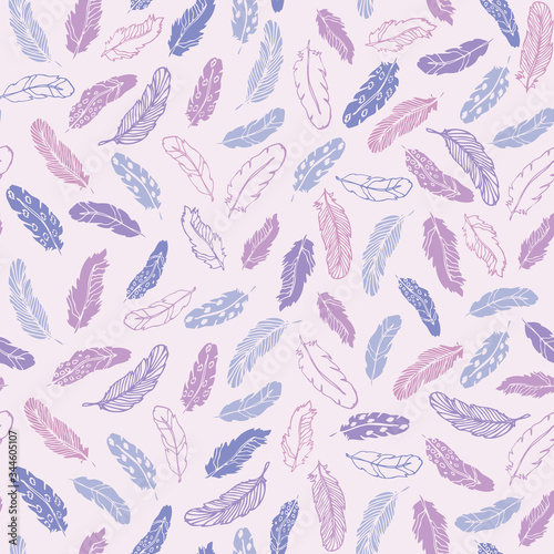 Tonal pastel falling hand drawn feathers. Pattern for fabric, backgrounds, wrapping, textile, wallpaper, apparel. Vector illustration