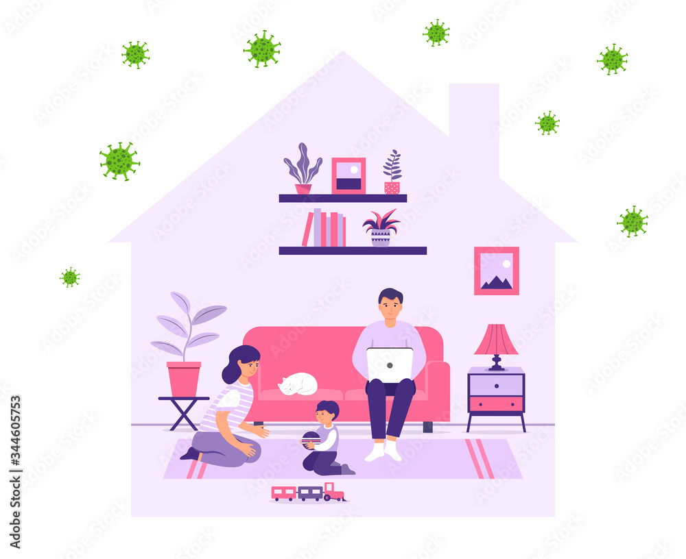 Stay home during an outbreak of COVID-19 virus. The family stays home to prevent the spread of infection. Protect yourself. Home schooling. Remote work. Healthcare concept. Flat illustration. Stay home during an outbreak of COVID-19 virus. The family stays home to prevent the spread of infection. Protect yourself. Home schooling. Remote work. Healthcare concept. Flat illustration.