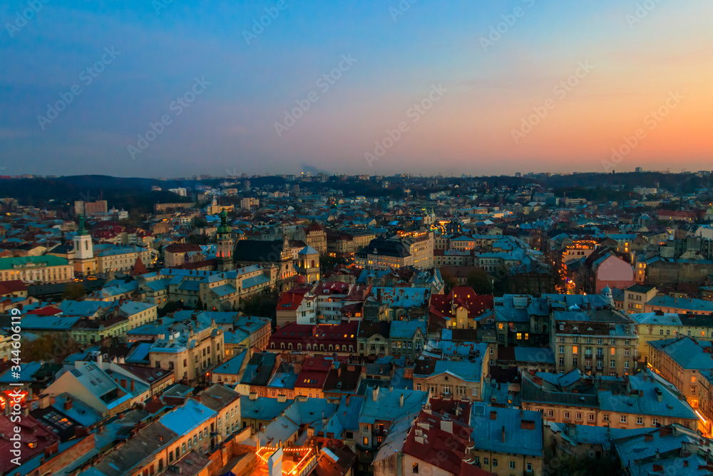 Aerial view of historic center of Lviv, Ukraine. Lvov cityscape. View from Lviv Town Hall