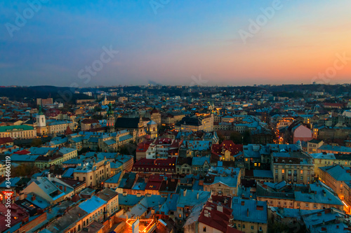 Aerial view of historic center of Lviv, Ukraine. Lvov cityscape. View from Lviv Town Hall © olyasolodenko