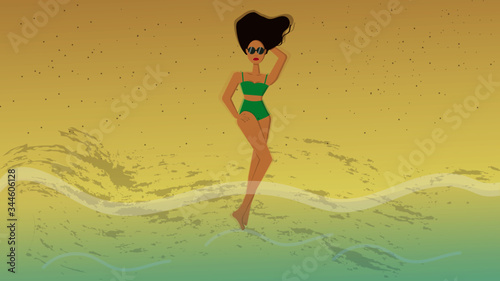 girl with glasses sunbathing on the beach, flat illustration