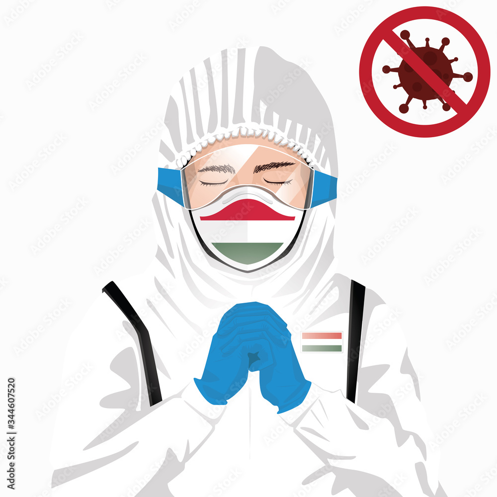 Covid-19 or Coronavirus concept. Hungarian medical staff wearing mask in protective clothing and praying for against Covid-19 virus outbreak in Hungary. Hungarian man and Hungary flag. Covid-19 or Coronavirus concept. Hungarian medical staff wearing mask in protective clothing and praying for against Covid-19 virus outbreak in Hungary. Hungarian man and Hungary flag.