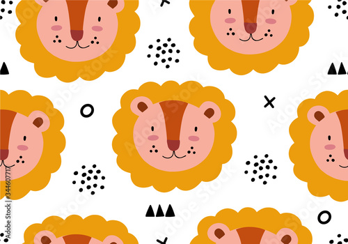 Seamless animal jungle pattern with lion.