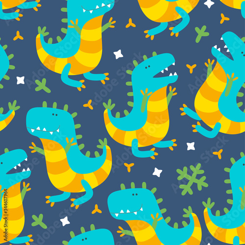 Seamless pattern with happy dinosaurs for textile  paper and fabric. Colorful design for prints. Vector illustration in cute cartoon style