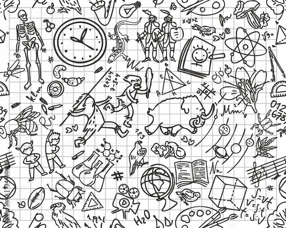 Back to school seamless pattern with hand-drawn doodles. Sketch background element vector illustration. white background, black graphics