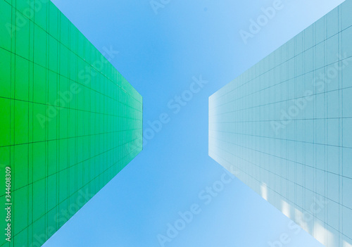High buildings on blue sky background. residential buildings  facade and walls