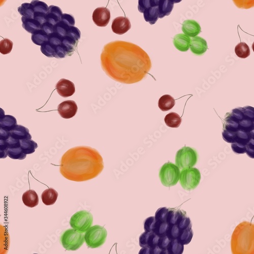 Watercolor berries pattern in pink background