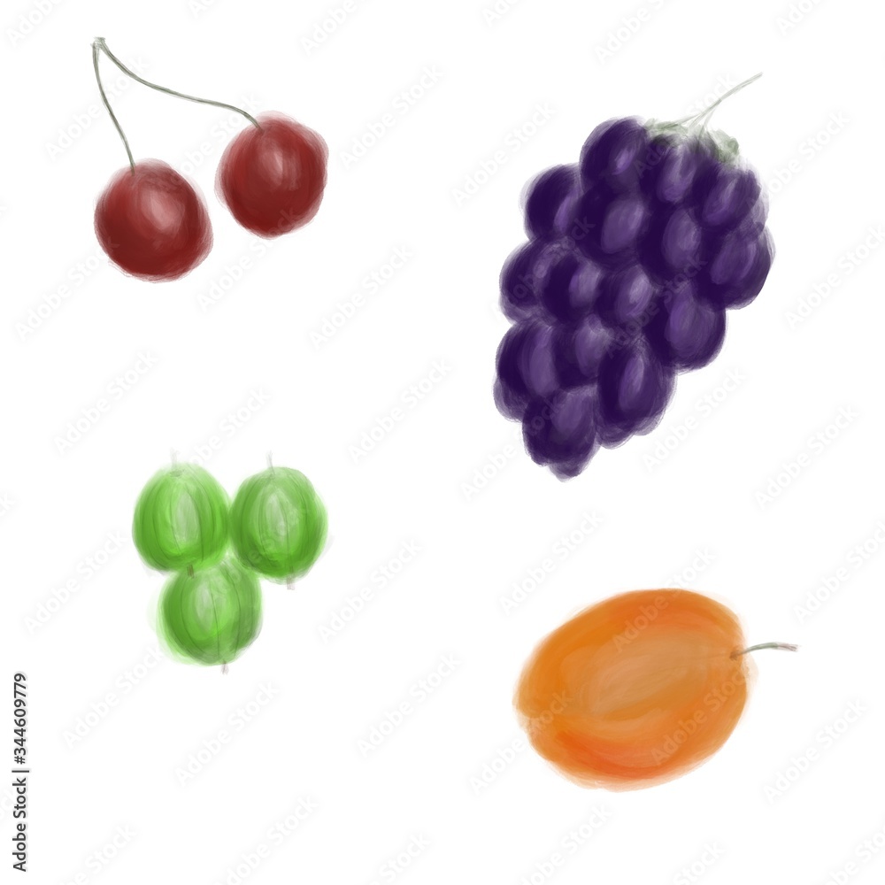Watercolor berries like grape, gooseberry, apricot and cherry Watercolor berries like grape, gooseberry, apricot and cherry