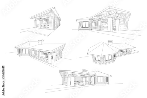Gazebo frame with bbq grill vector illustration. Detailed architectural 3d plan