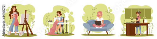 Set of girls doing hobby or relax at home: artist, seamstress, cook, girl with laptop.