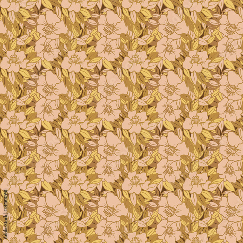 seamless pattern with peach flowers with golden leaves