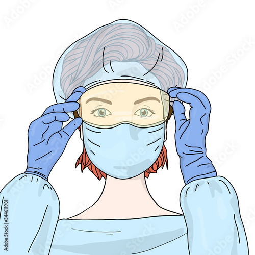 Female doctor wears a disposable medical surgical face mask, medical cap, safety glasses and rubber gloves.