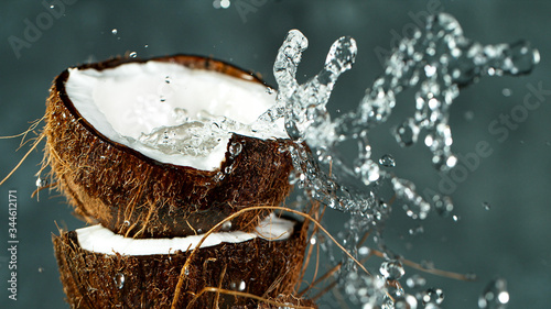 Freeze Motion Shot of Water Splashing on Coconut, close-up