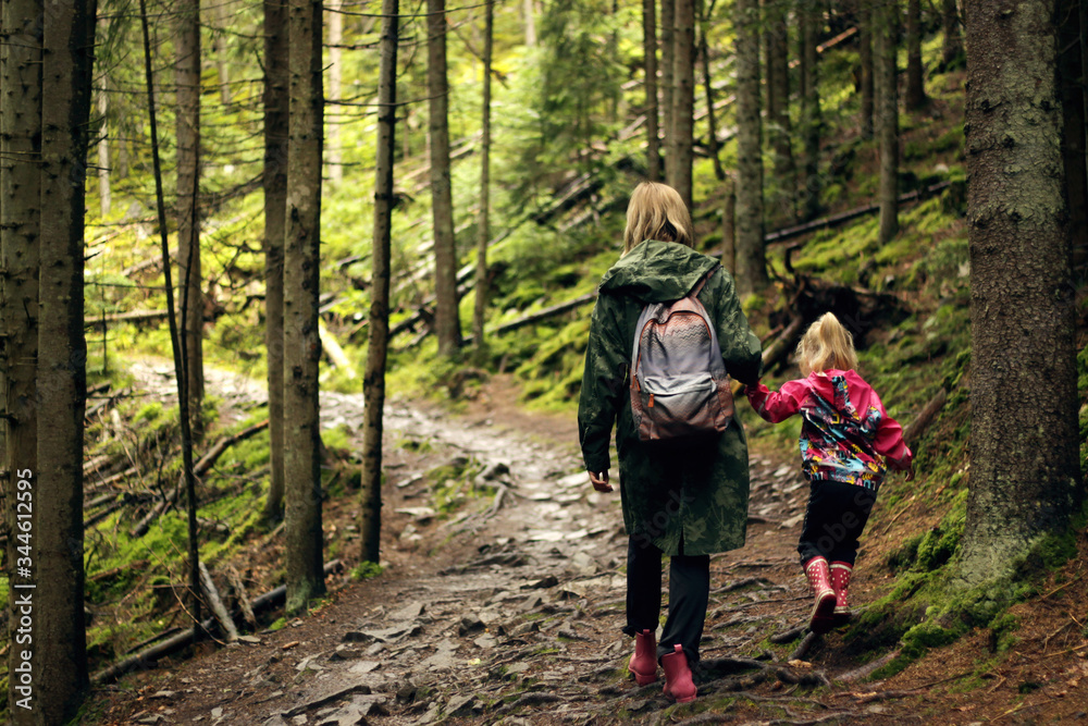 Mom and daughter are walking in the forest Mom and daughter are walking in the forest
