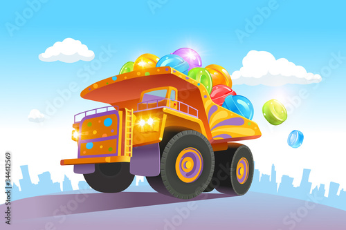 A large, bright truck carries a lot of colorful candies. Lollipop delivery. Vector illustration