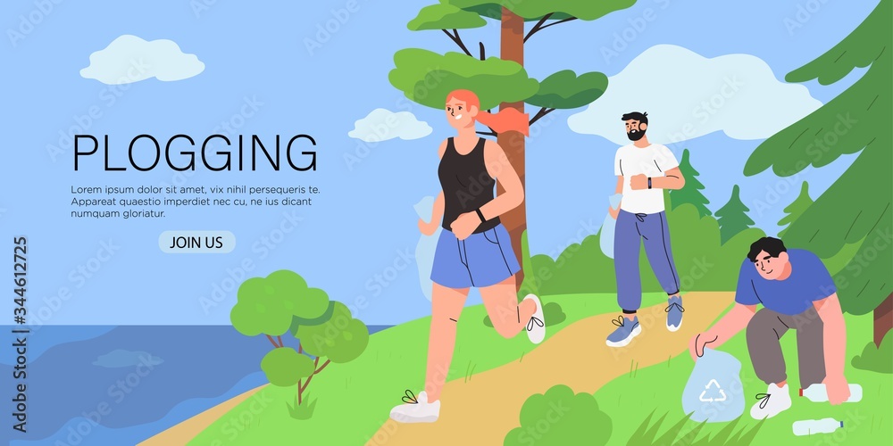 People running outdoor and pick up litter. Plogging movement marathon ...