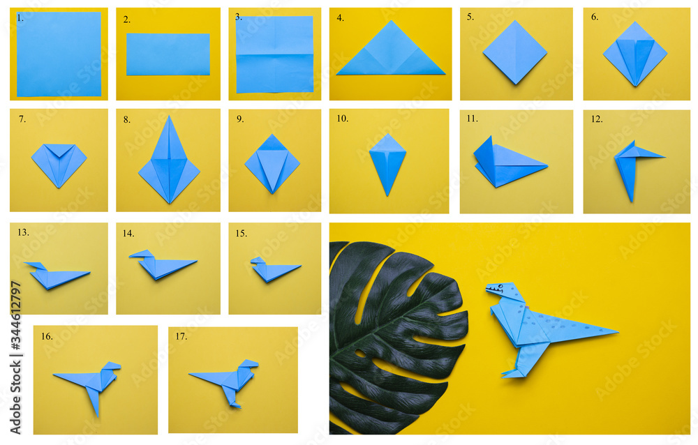 Step-by-step photo instructions on how to make a dinosaur out of paper using the origami technique. DIY concept. Children's creativity. - obrazy, fototapety, plakaty 