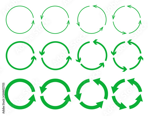 Vector set of green circle arrows isolated on white background. Recycling icon collection. Rotate arrow and spinning loading symbol. Circular rotation loading elements, redo process. 