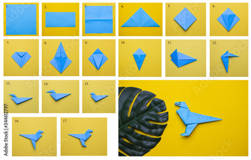 Step-by-step photo instructions on how to make a dinosaur out of paper using the origami technique. DIY concept. Children's creativity.