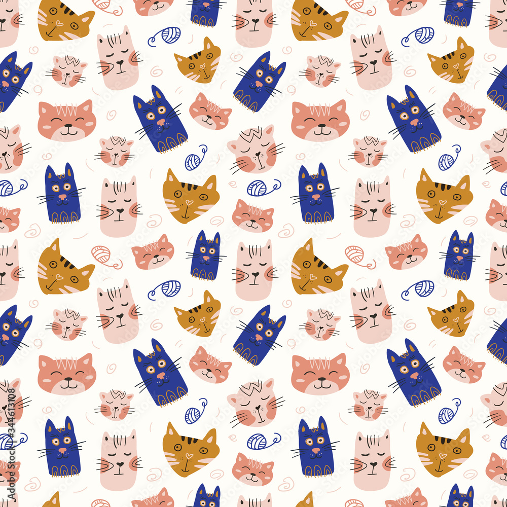Vector hand-drawn seamless pattern design. Cute and funny cats isolated on the white background. Trendy animals in caps and glasses. Creative childish pink texture. Great for fabric, textile.