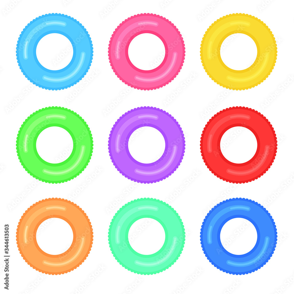 Set of colorful rubber swimming rings. Life saving floating lifebuoy for beach or ship. Water and beach monochromatic rubber toys.	