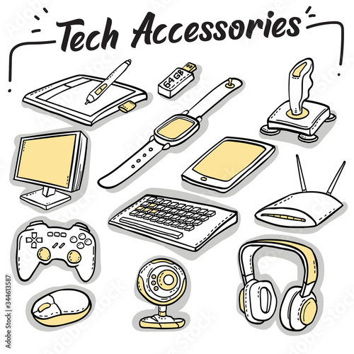 Hand drawn doodle icons set. Computer equipment and modern technology for entertainment. 